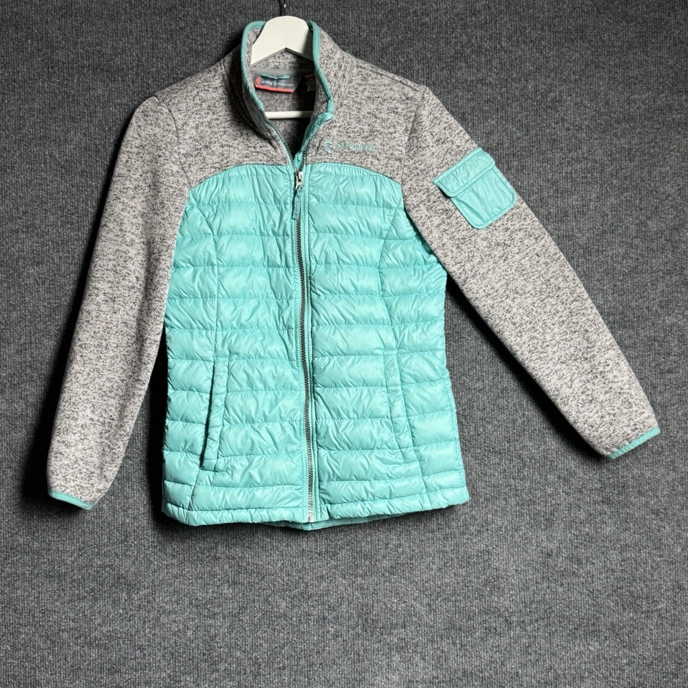 Free Country Girls Jacket L 14/16 Teal Gray Down Puffer Sweater Fleece Outdoor
